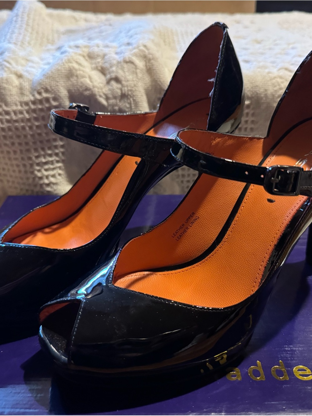 Via Spiga Black Patent Mary Jane Peep-Toe Pumps with Orange Lining
